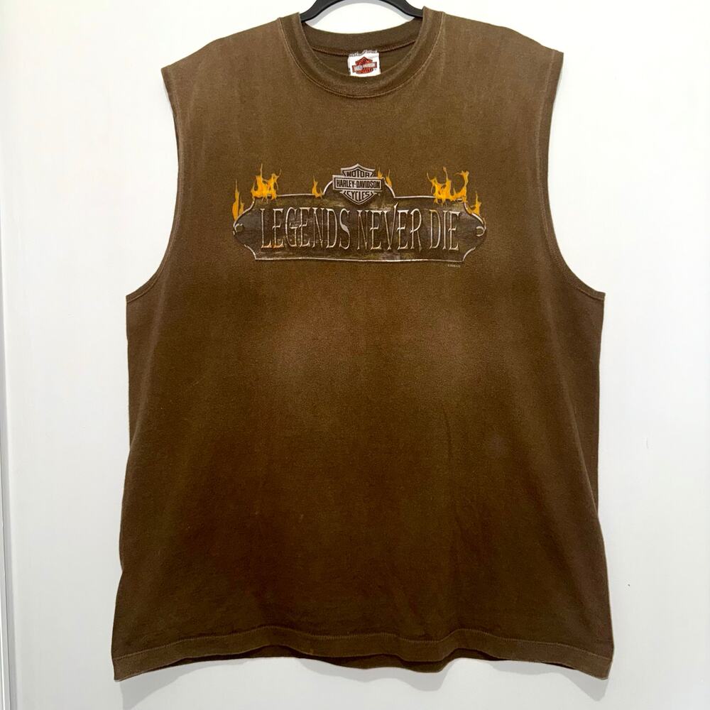 Vintage Bayside Harley Davidson Portsmouth VA Brown Sleeveless Tee Shirt 2X USA